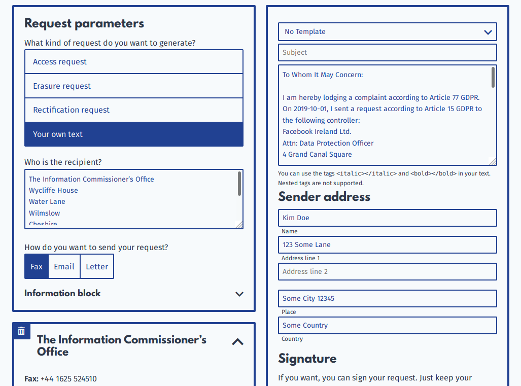 Screenshot of the datarequests.org request generator. A complaint to the Information Commissioner's Office about Facebook Ireland Ltd. is being prepared. Screenshot of the datarequests.org request generator. A complaint to the Information Commissioner's Office about Facebook Ireland Ltd. is being prepared.